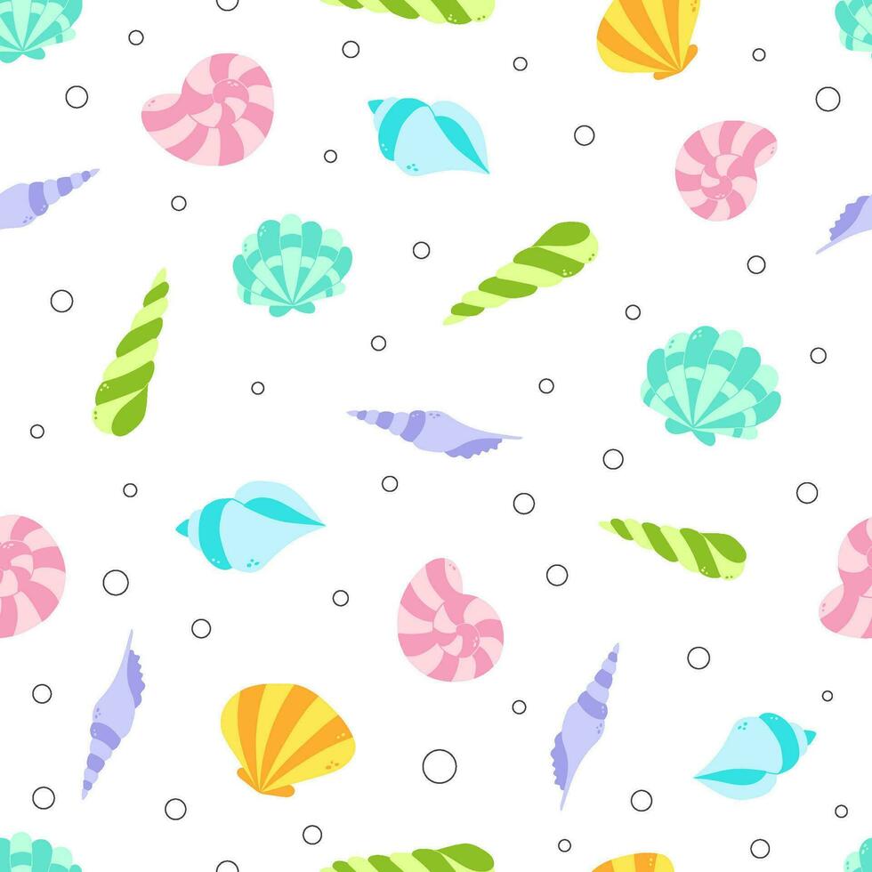 Colorful seashell vector seamless pattern. Sea life childish flat cartoon background.