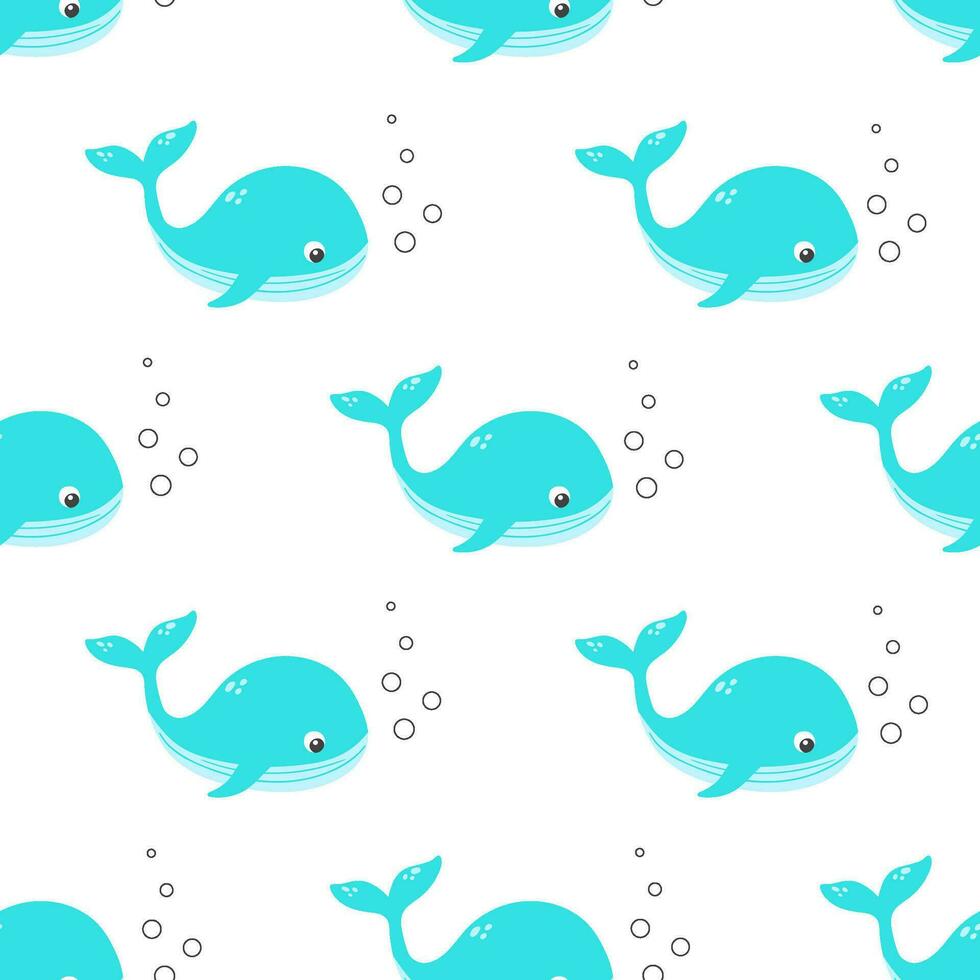 Cute blue whale vector seamless pattern. Sea life childish flat cartoon background.