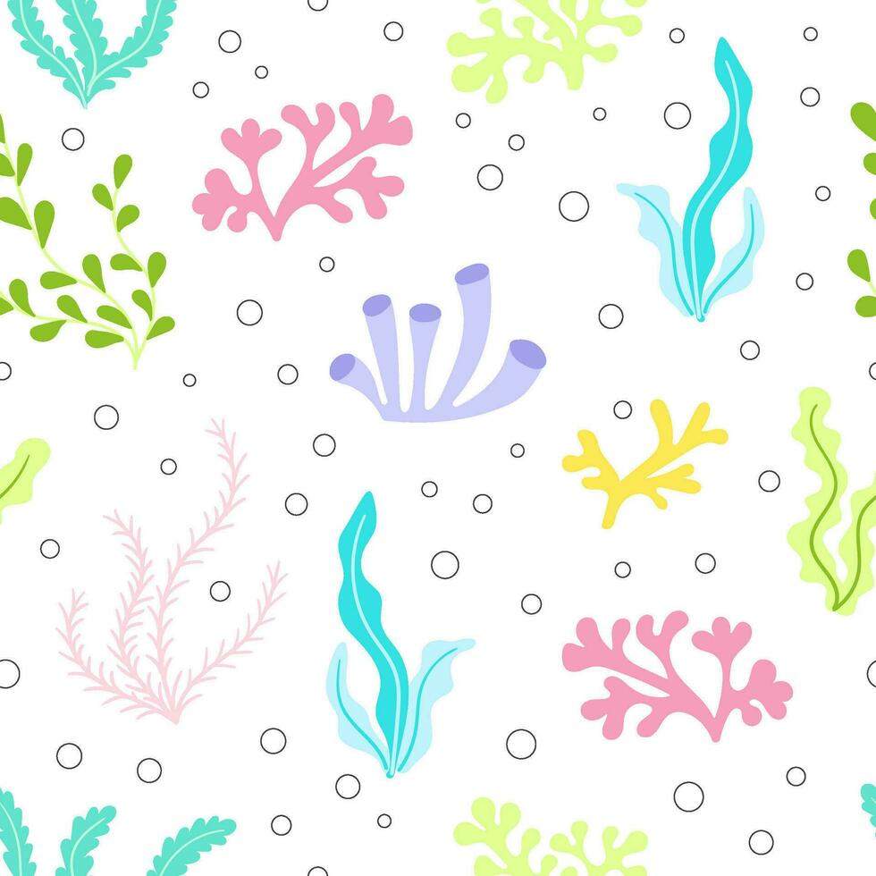 Colorful seaweed vector seamless pattern. Sea life childish flat cartoon background.