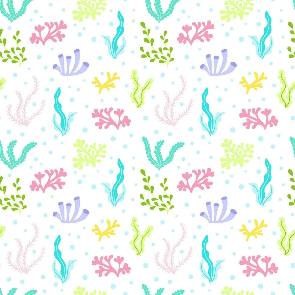 Colorful seaweed vector seamless pattern. Sea life childish flat cartoon background.