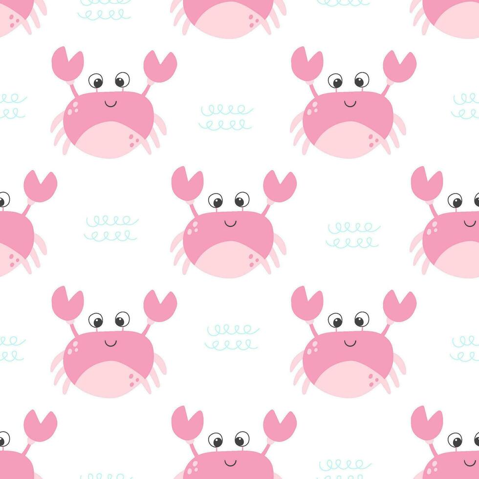 Cute pink crab vector seamless pattern. Sea life childish flat cartoon background.