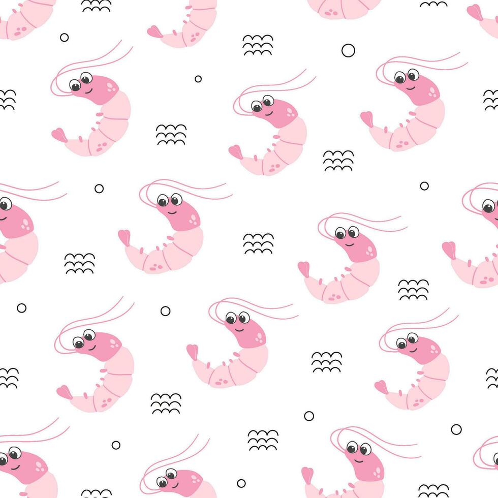 Cute pink shrimp vector seamless pattern. Sea life childish flat cartoon background.