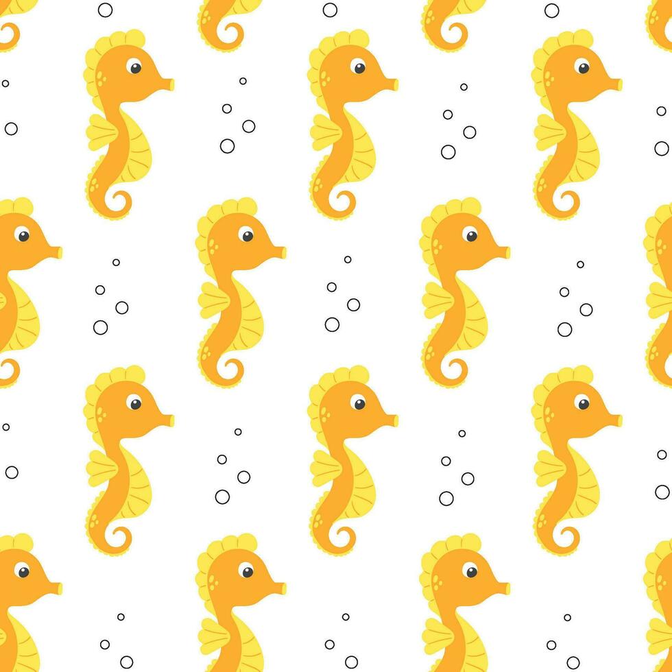 Cute yellow seahorse vector seamless pattern. Sea life childish flat cartoon background.