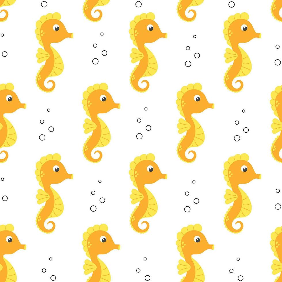 Cute yellow seahorse vector seamless pattern. Sea life childish flat cartoon background.
