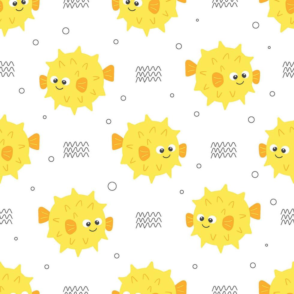 Cute yellow blow fish vector seamless pattern. Sea life childish flat cartoon background.