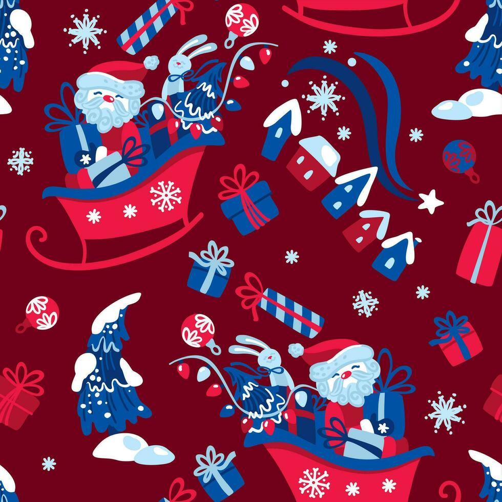 Santa Claus brings gifts. Christmas is coming. Cute seamless pattern. vector