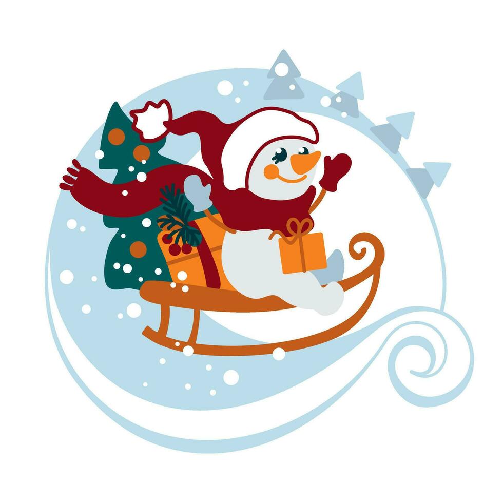 A  funny snowman dressed as Santa Claus,  carries gifts and a christmas tree on a sled. Kids illustration for christmas card, textile,  apparel. Vector. vector