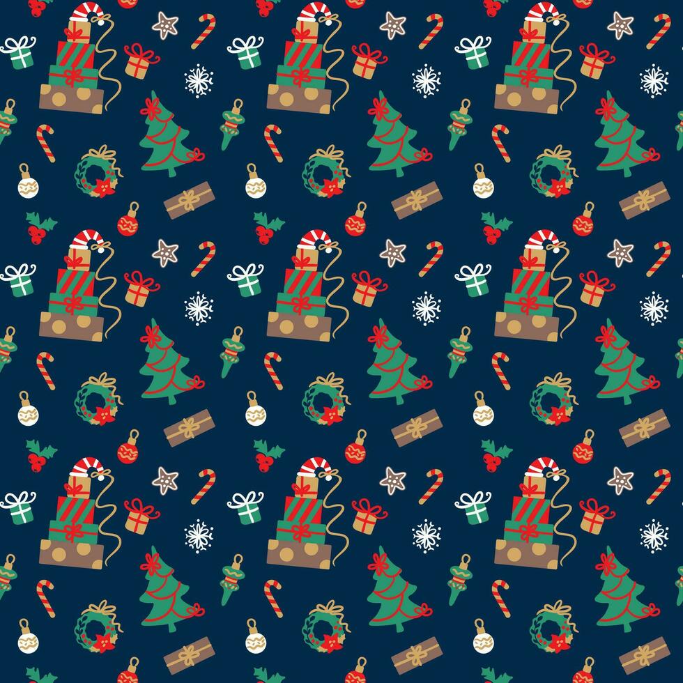 Christmas seamless pattern, christmas tree, santa hat, gift box, celebration vector