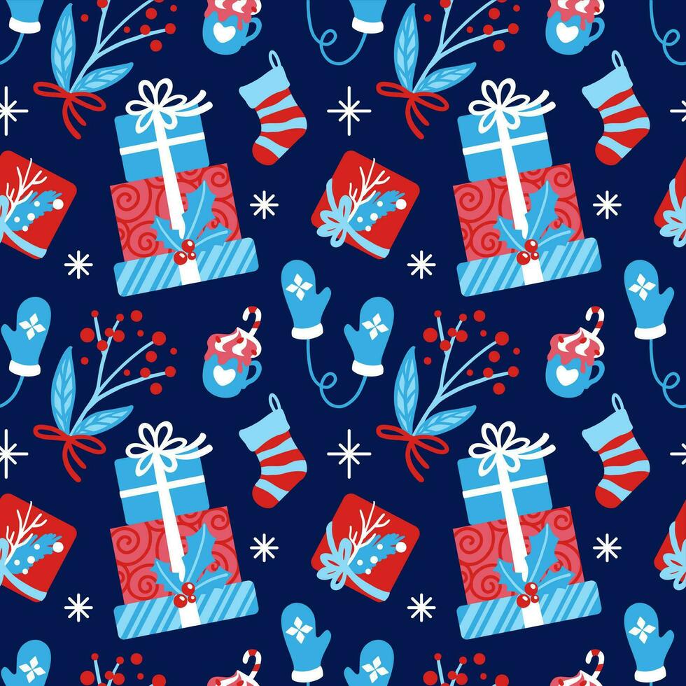Gift boxes and presents on christmas and new year on blue background. Christmas print. Seamless pattern. Vector