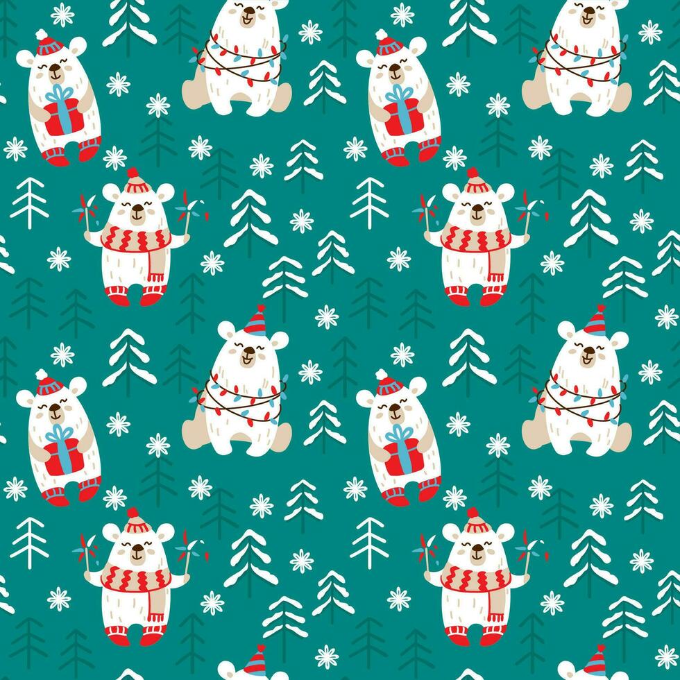 Cute bear in the winter forest celebrates christmas. Christmas print. Seamless pattern. vector