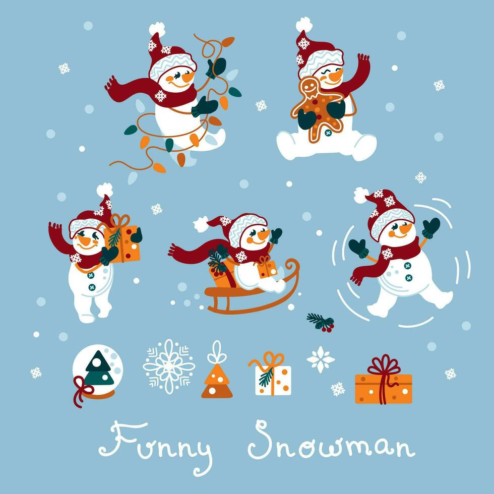 gracioso monigote de nieve colocar. Navidad ilustración para niños impresión y otro productos Navidad tarjeta postal. vector