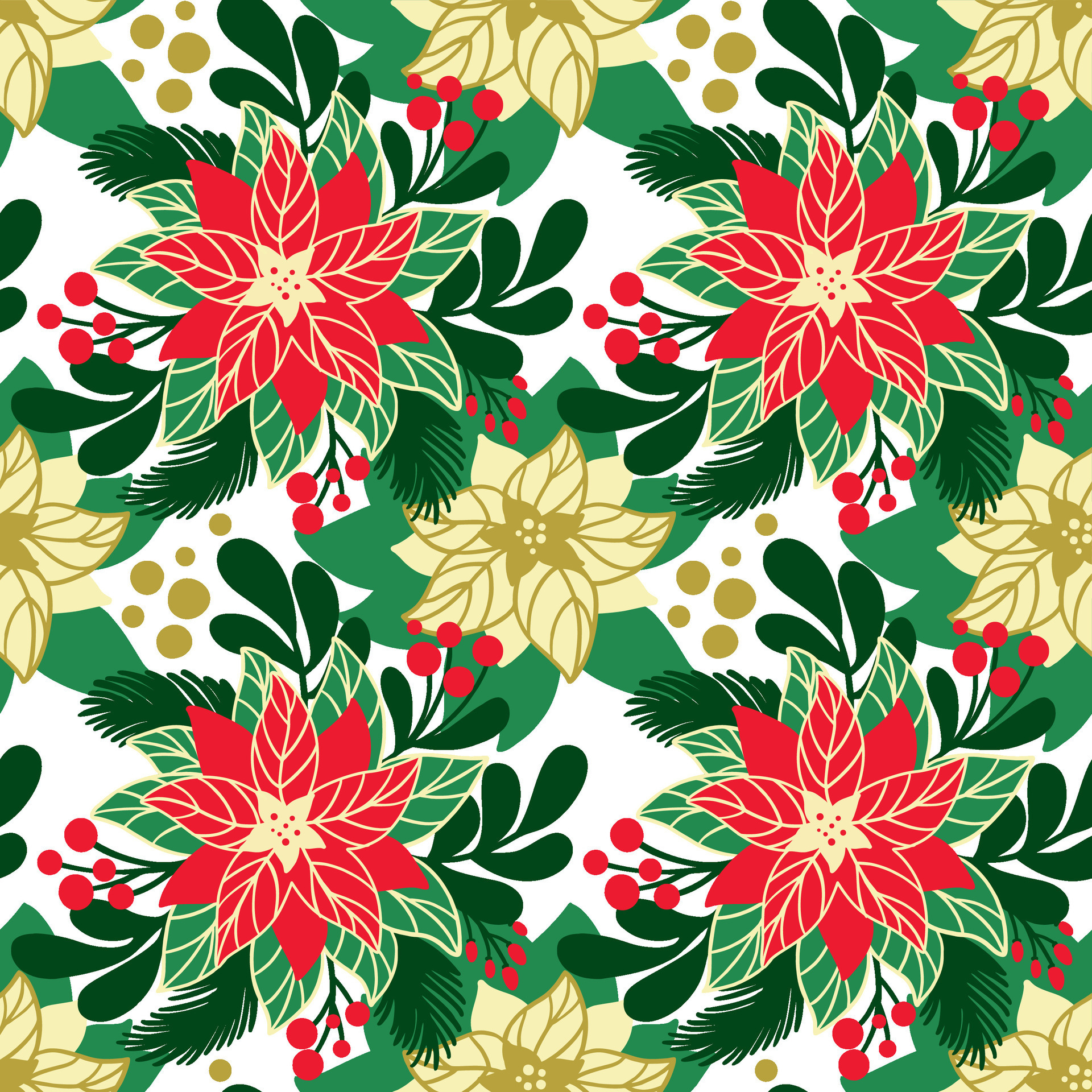 Red and white poinsettia flowers. Christmas floral print. Seamless