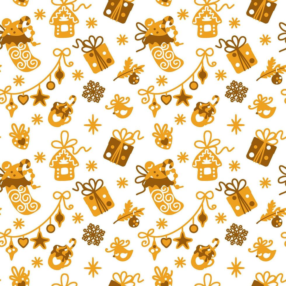 Christmas pattern for fabric, wrapping, textile, wallpaper, apparel. Vector. Snowflake, gingerbread man, gift boxes, candy cane, hot cocoa, christmas garland. vector