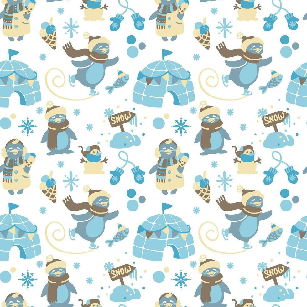 Funny penguin. Nordic motifs. Kids print. Seamless pattern for fabric, wrapping, textile, wallpaper, apparel. Vector