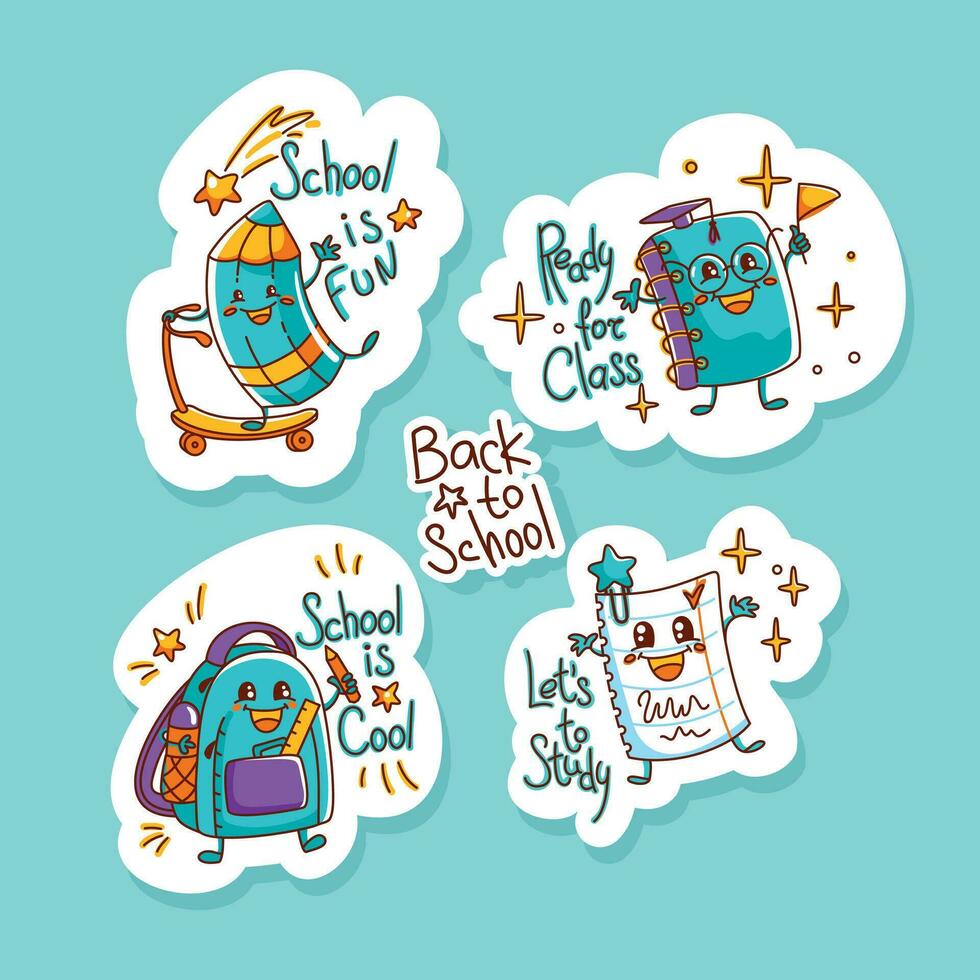 Back to school. Stickers funny characters, backpack, textbook, notebook, pencil. School supplies. Vector. vector