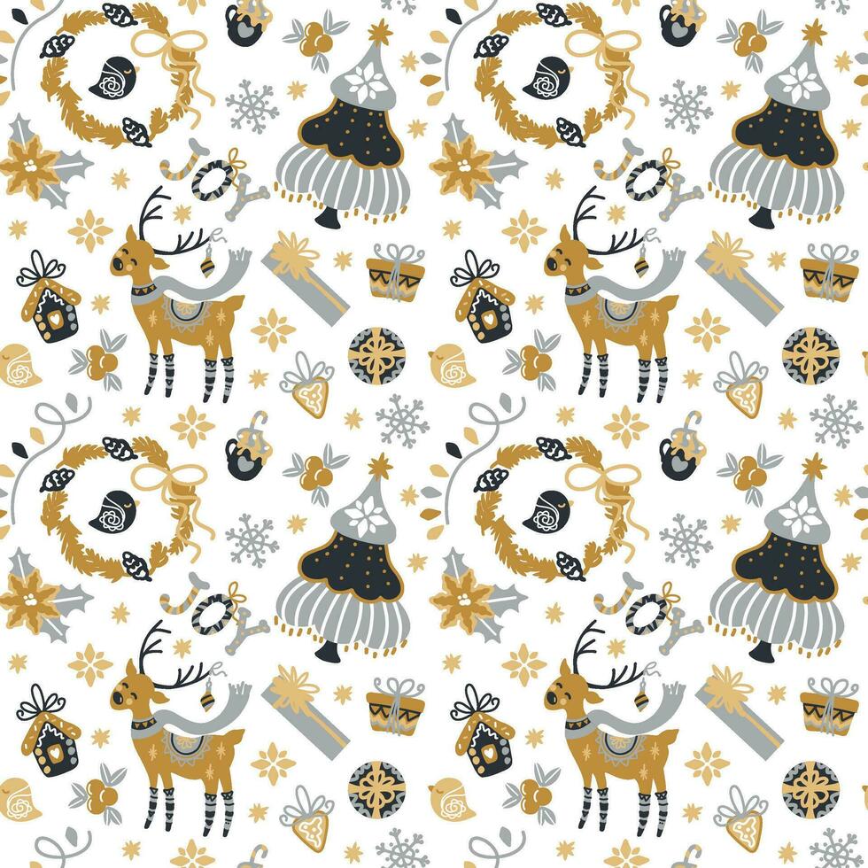 Christmas pattern, gold texture, christmas tree, gift boxes, ginger cookies, snowflakes. Seamless pattern for fabric, wallpaper, apparel. vector