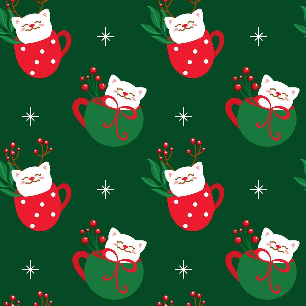 Christmas cups with cute cat. Funny print. Seamless pattern. vector