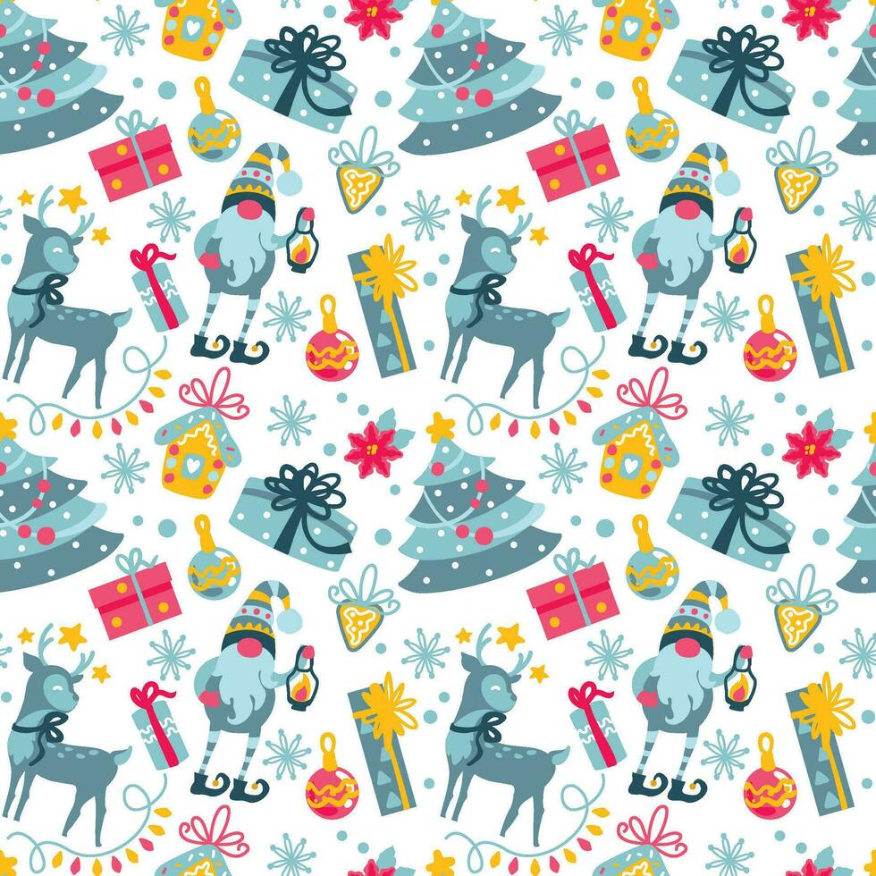 Christmas pattern, christmas gnomes, deers, tree, gift boxes, snowflakes vector
