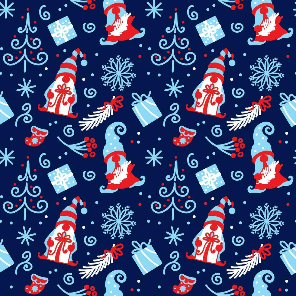 Christmas gnomes, gifts, tree, snowflakes. Celebration,  christmas ornament, vector. Christmas pattern for fabric, wrapping, textile, wallpaper, apparel. vector