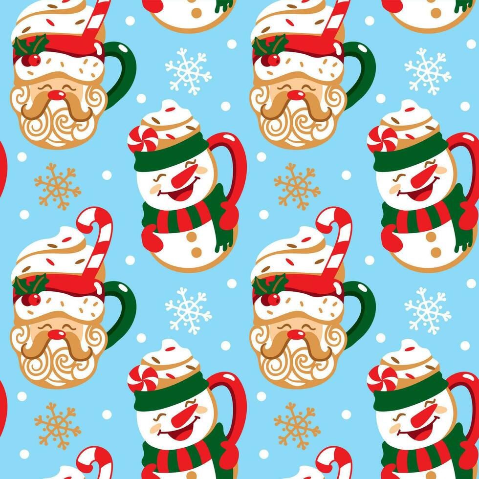 Christmas cups in the shape of a Santa Clausand snowman. Cute print. Seamless pattern. vector