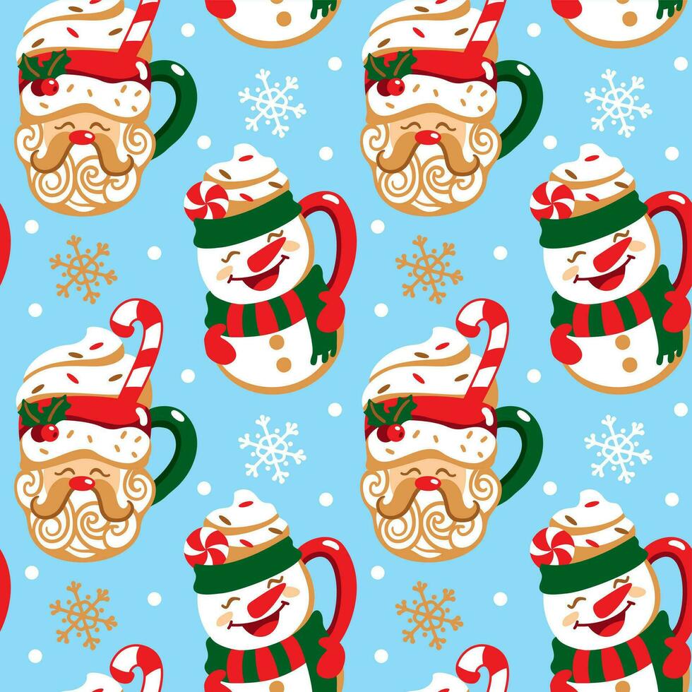 Christmas cups in the shape of a Santa Clausand snowman. Cute print. Seamless pattern. vector