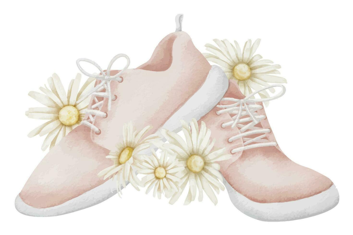 Sports Sneakers for running with daisy flowers. Hand drawn watercolor jogging Shoes illustration on isolated background. Drawing of pink trainers with chamomiles. Sketch of women's fitness boots vector