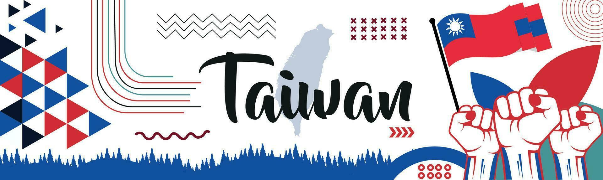 Taiwan national day banner with map, flag colors theme background and geometric abstract retro modern Red blue  design. abstract modern design. vector