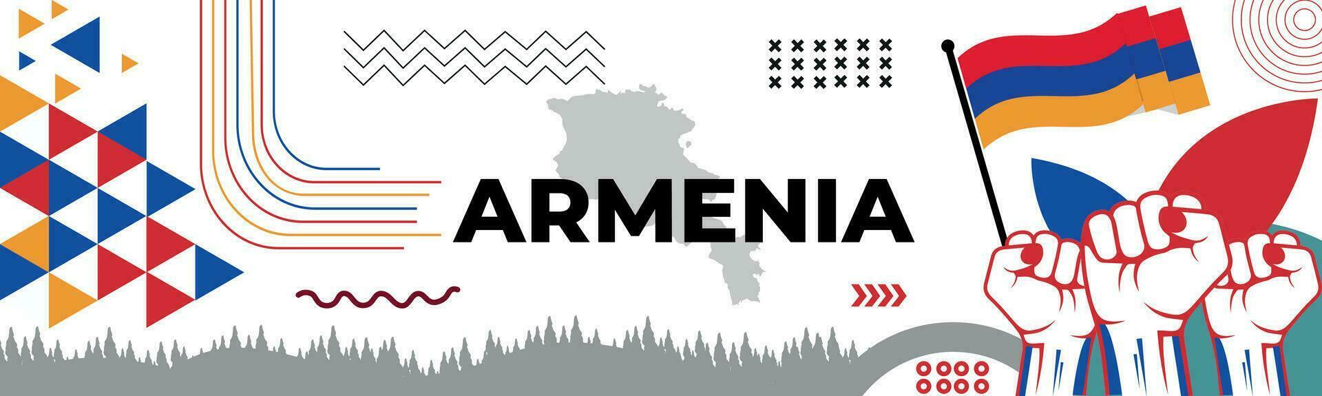 Armenia nacional día bandera con mapa, bandera colores tema antecedentes y geométrico resumen retro moderno rojo azul amarillo diseño. resumen moderno diseño. vector