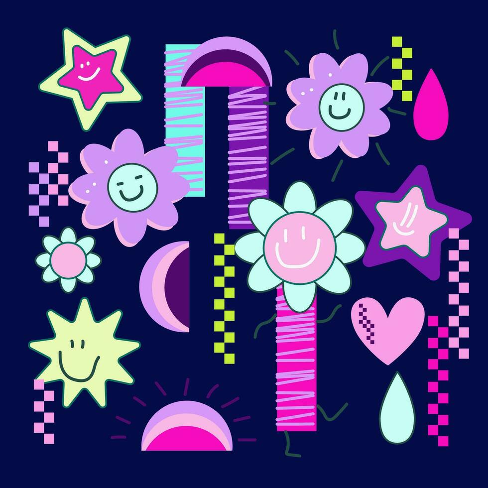 Set of cool groovy flower and star Y2k style, Nostalgia for the 2000 years. vector illustration.