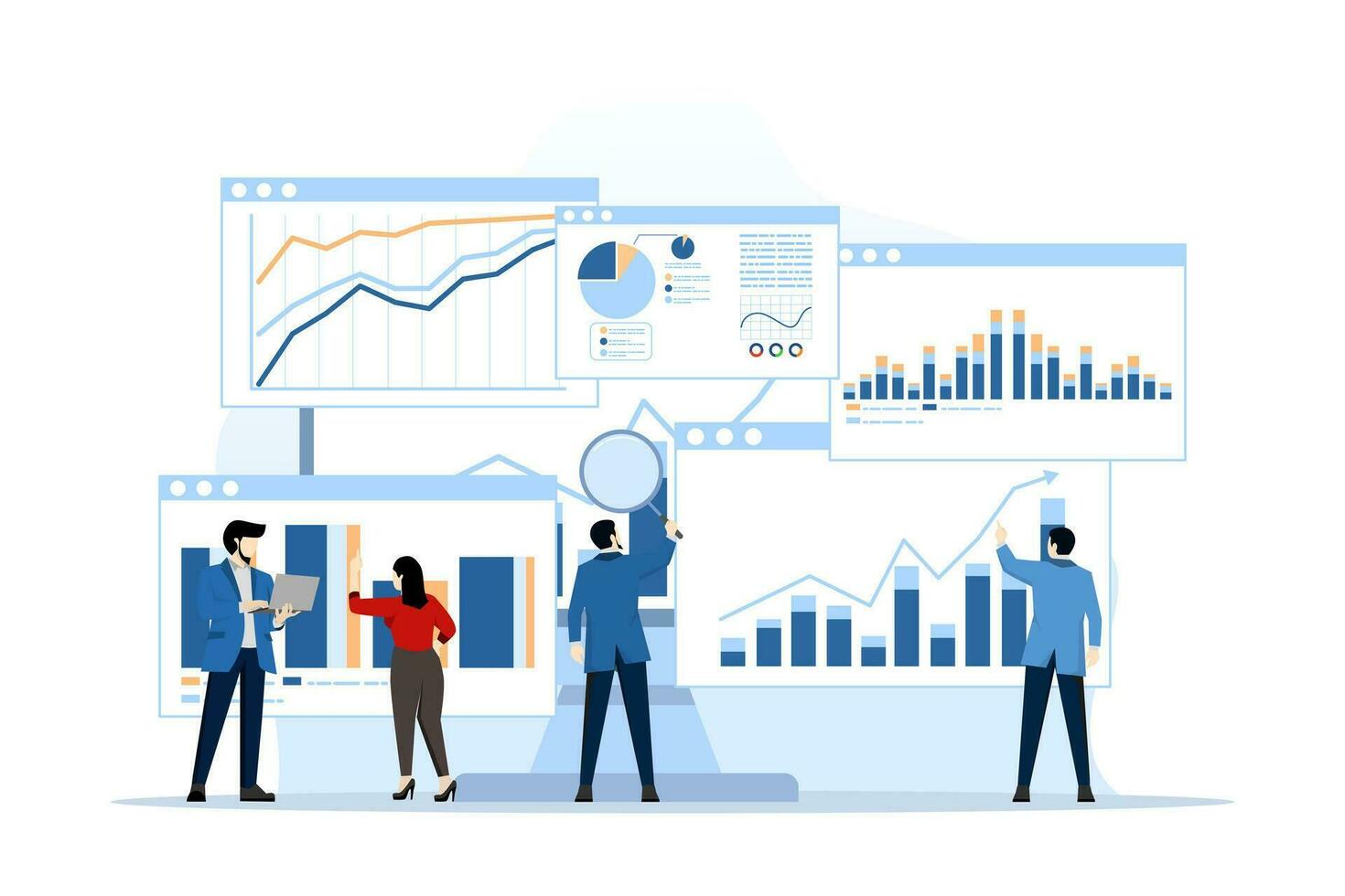 analítica y supervisión concepto, negocio equipo en web informes tablero supervisión, y datos análisis investigación para negocio financiero planificación. plano vector ilustración diseño en blanco antecedentes.