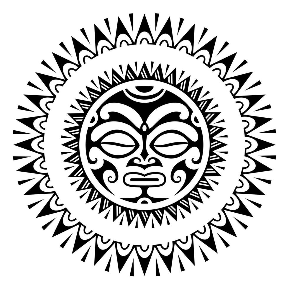 Round tattoo ornament with sun face maori style. African, aztecs or mayan ethnic mask. Black and white vector