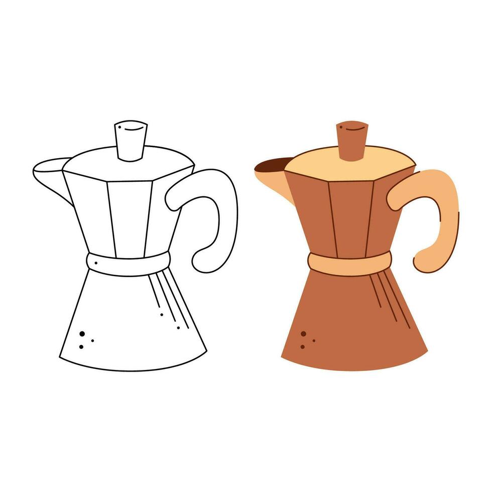 Geyser coffee maker. Black and white and color clipart vector illustration.