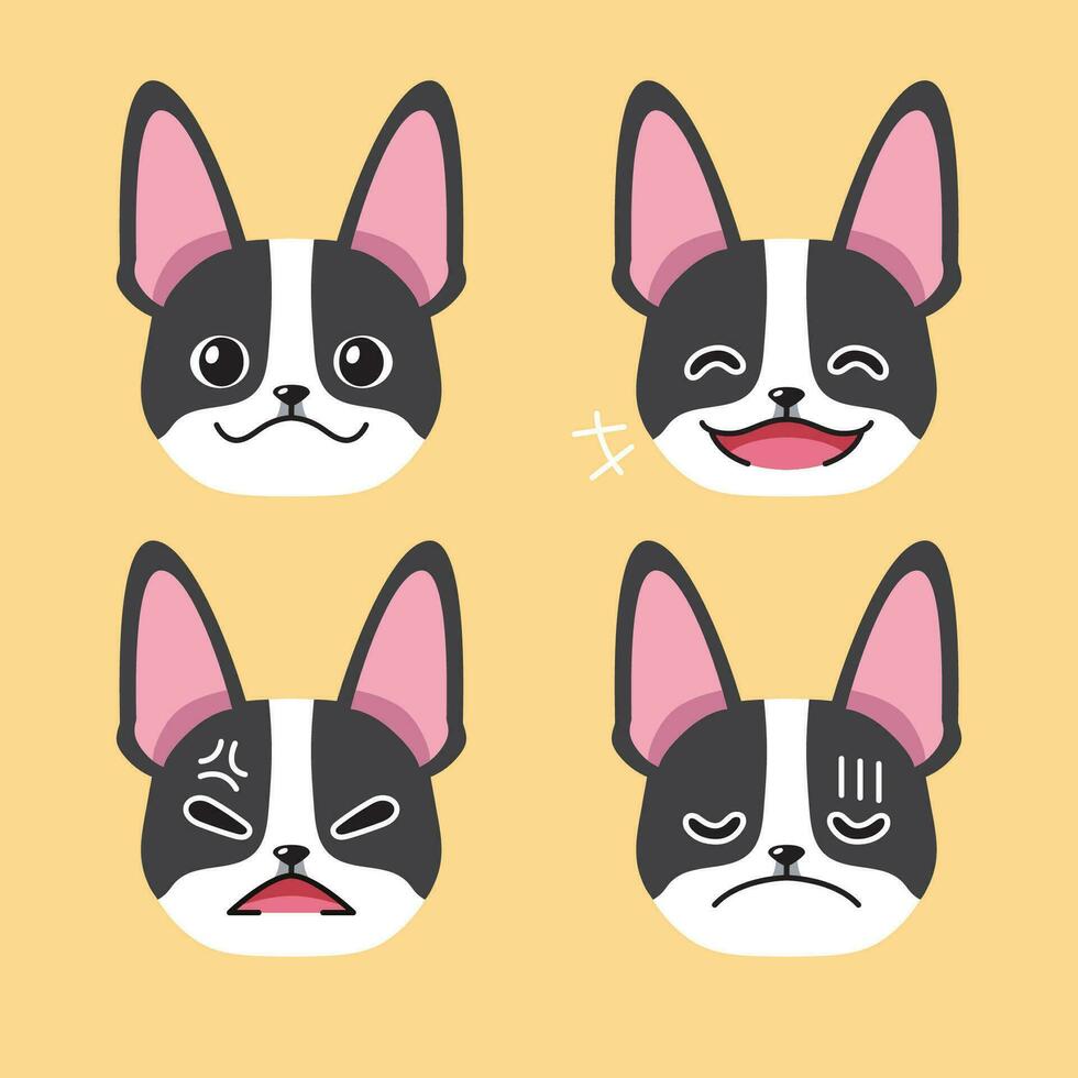 Set of character boston terrier dog faces showing different emotions vector