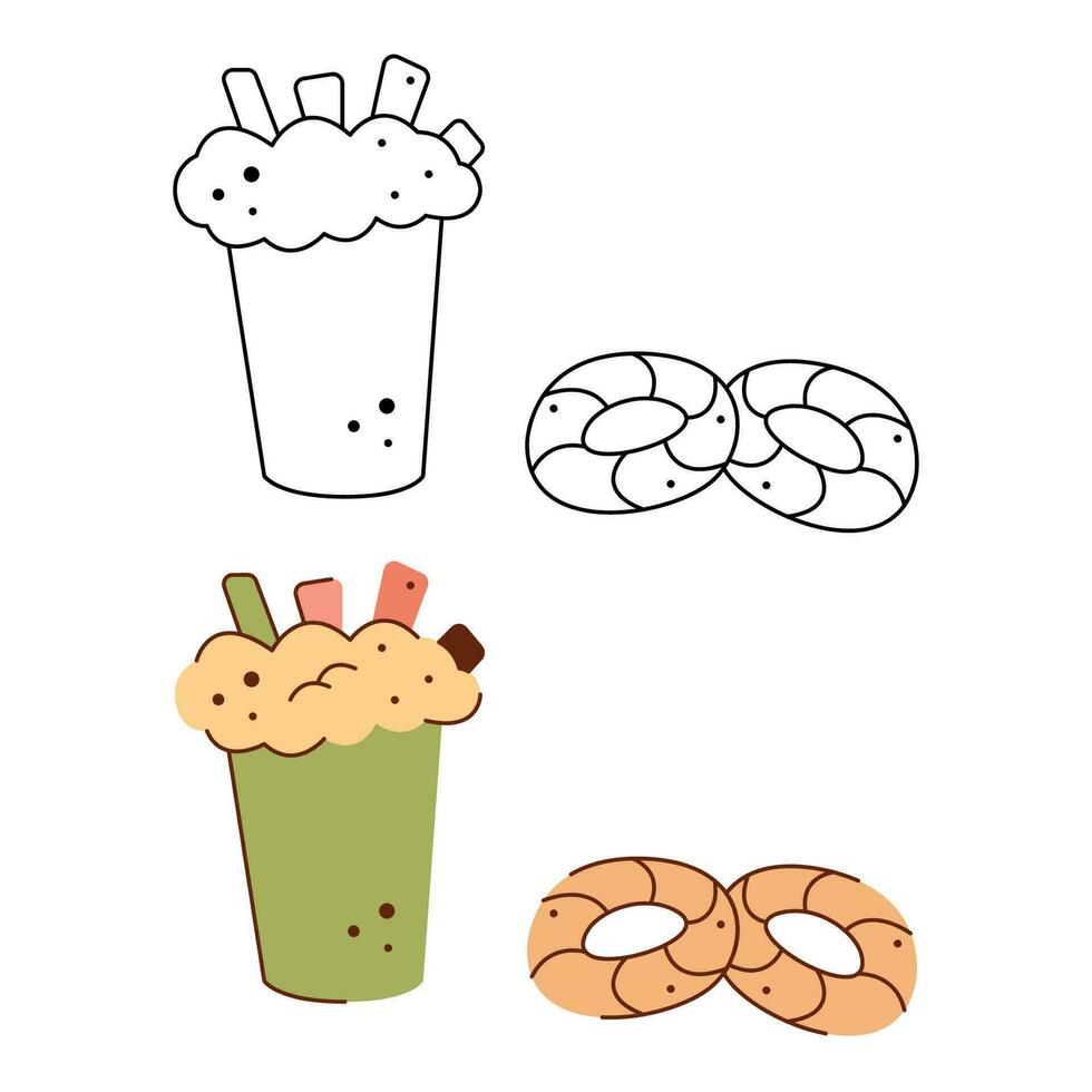 Cocoa with foam and cookies. Black and white and color clipart vector illustration.