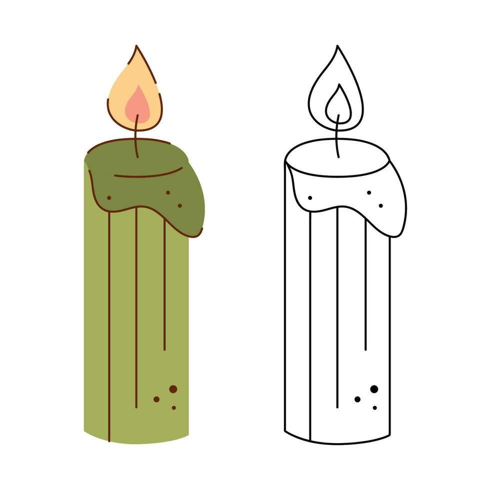 Green candle. Black and white and color clipart vector illustration.