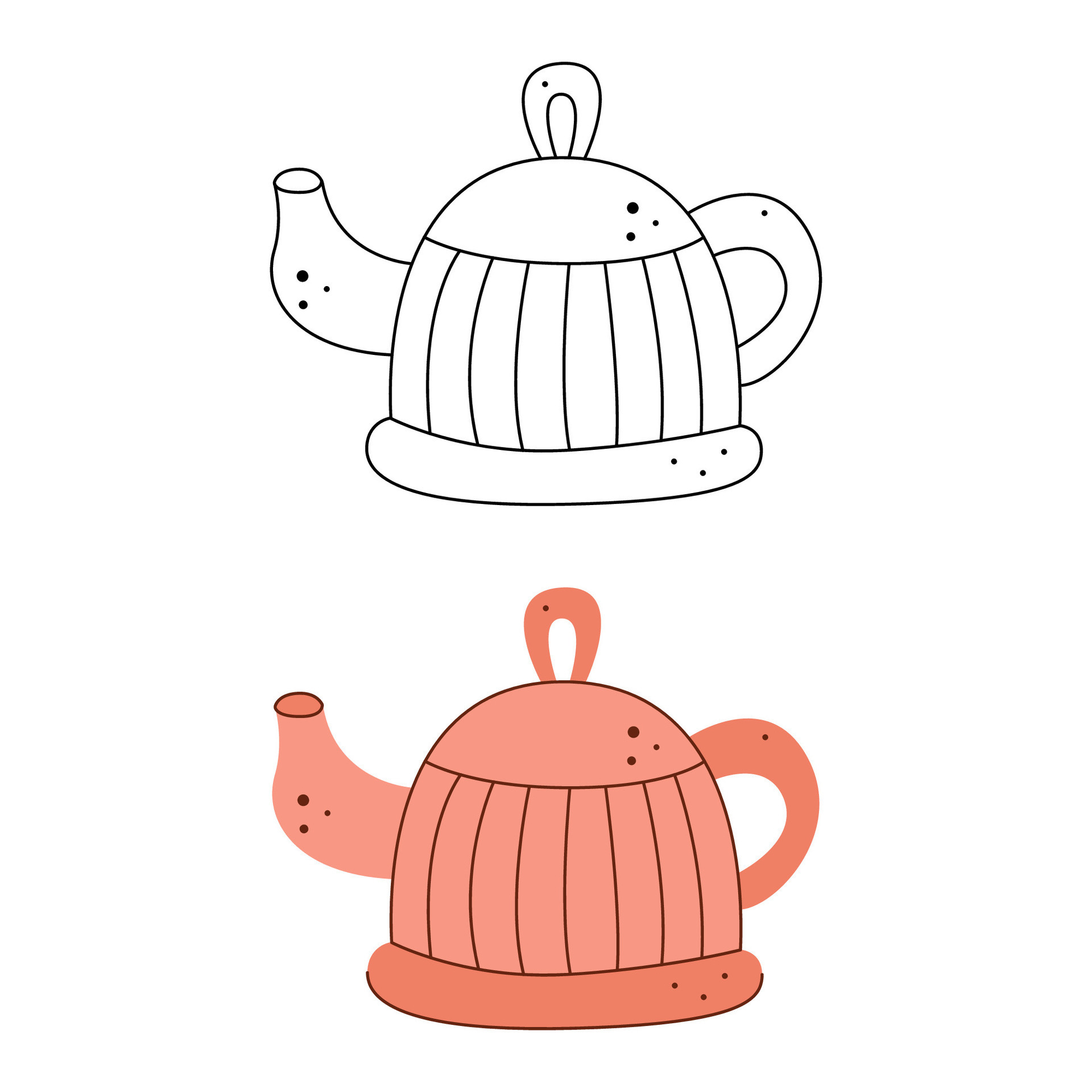 Pink teapot. Black and white and color clipart vector illustration