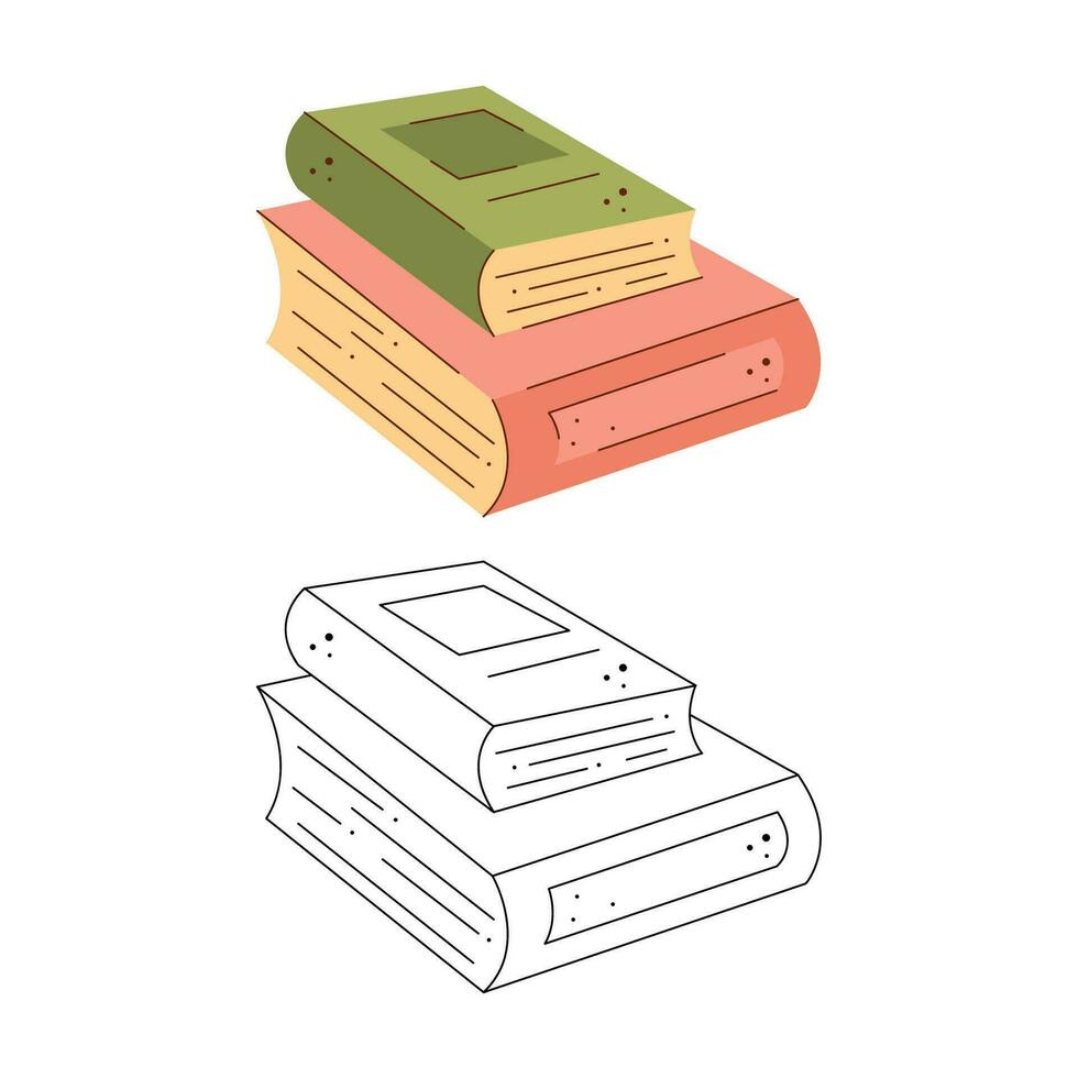 Two books stacked on top of each other. Black and white and color clipart vector illustration.