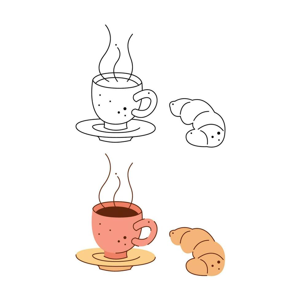 Hot coffee in a cup and a croissant. Black and white and color clipart vector illustration.