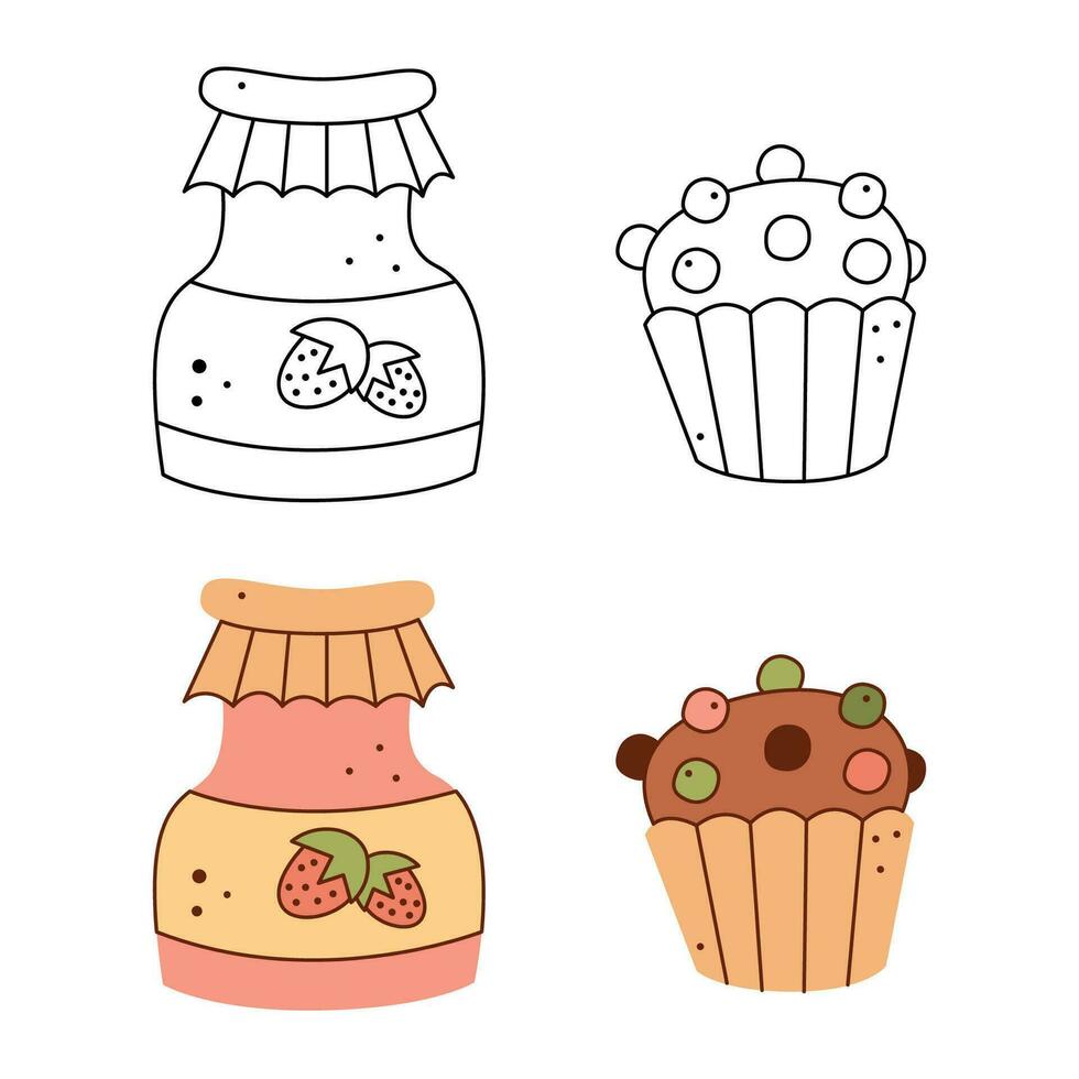 Jam in a jar and a cupcake. Black and white and color clipart vector illustration.