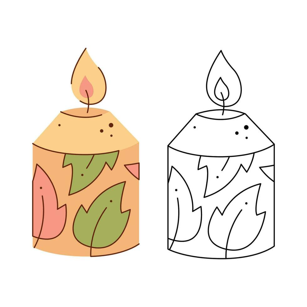 Patterned candle. Black and white and color clipart vector illustration.