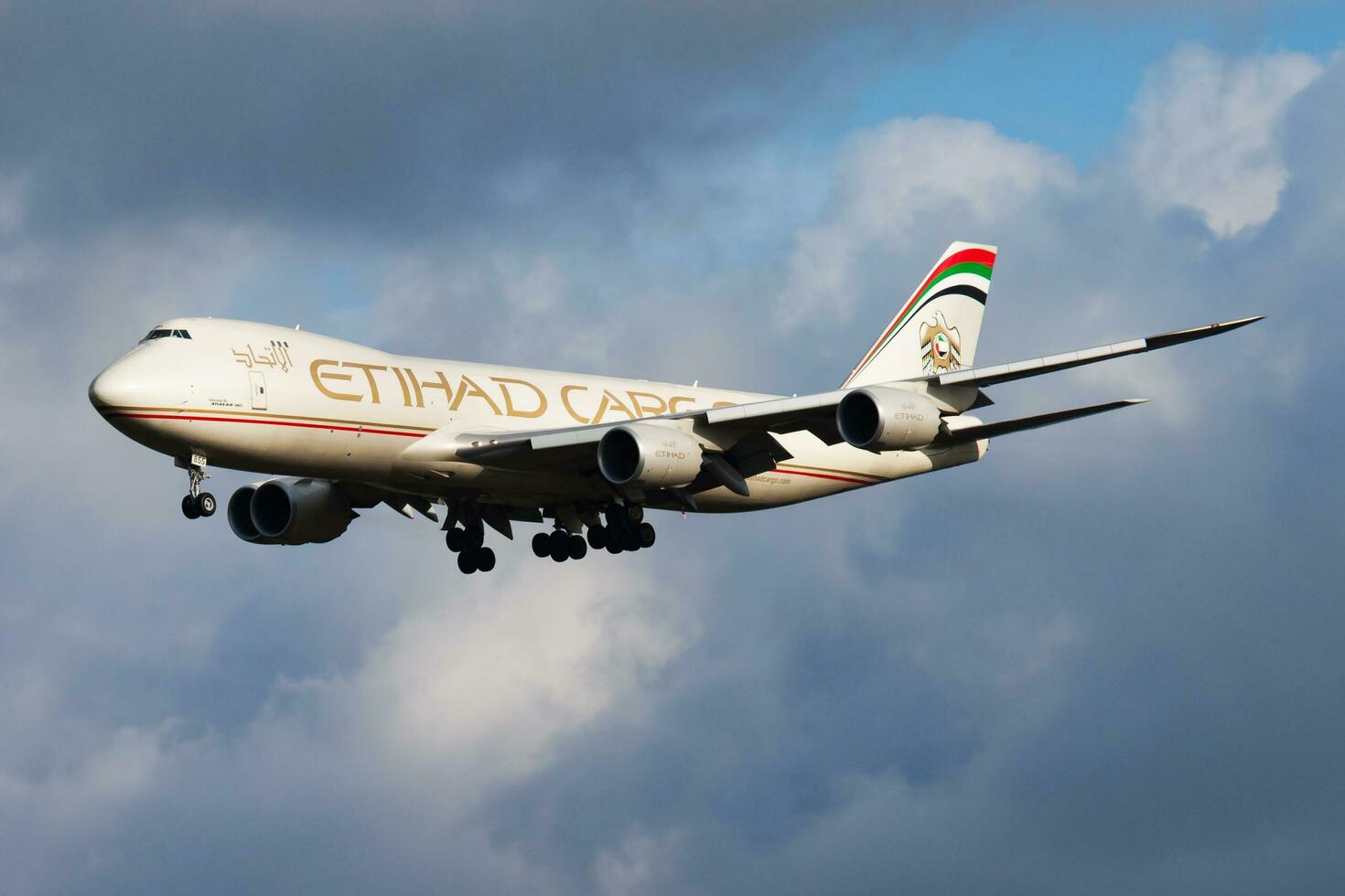Etihad Airways Cargo Boeing 7478 N855GT cargo plane arrival and