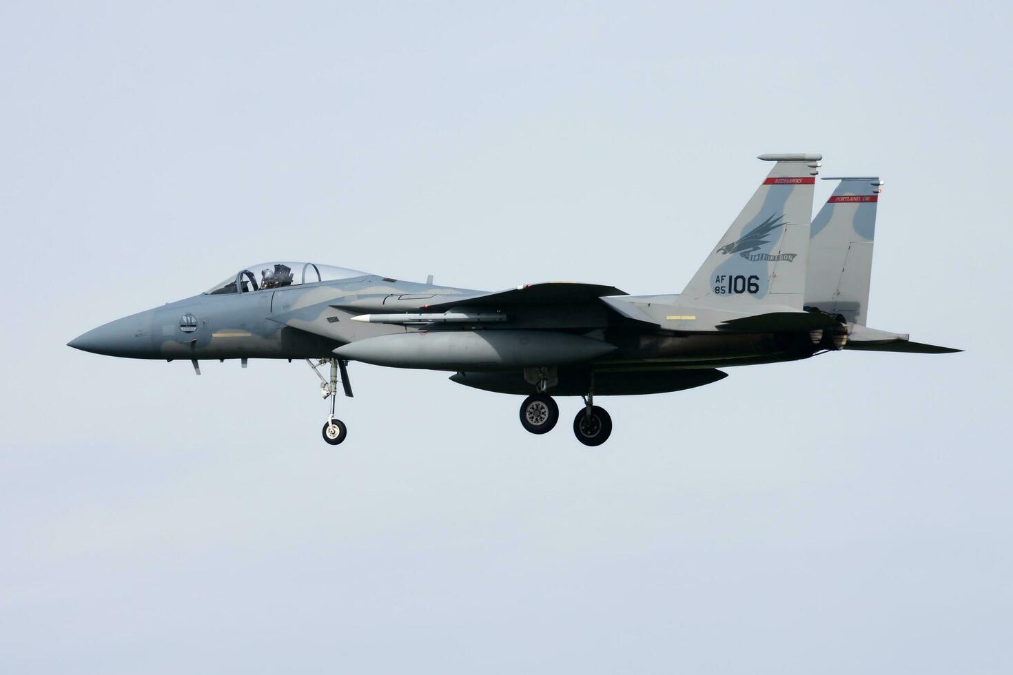 United States Air Force USAF McDonnell Douglas F-15C Eagle 85-0106 fighter jet arrival and landing at Leeuwarden Air Base for Frisian Flag 2015 Air Exercise photo