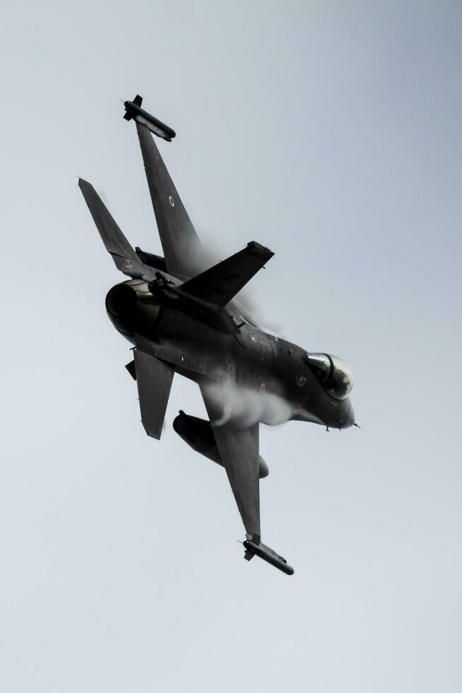Military fighter jet plane at air base. Air force flight operation. Aviation and aircraft. Air defense. Military industry. Fly and flying. photo