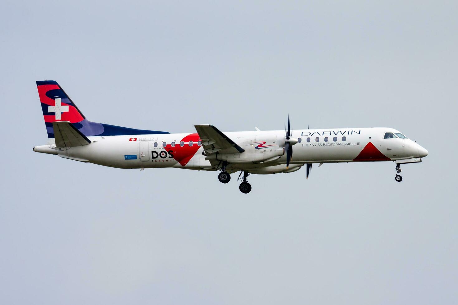 Darwin Airlines passenger plane at airport. Schedule flight travel. Aviation and aircraft. Air transport. Global international transportation. Fly and flying. photo