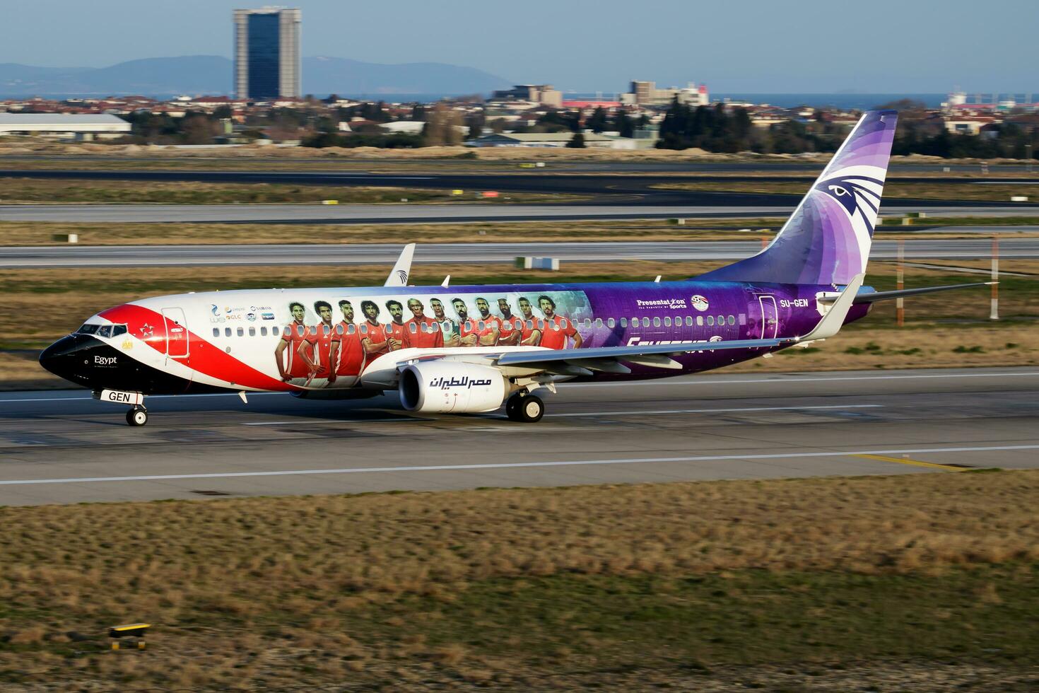 Egyptair special livery Boeing 737-800 SU-GEN passenger plane departure at Istanbul Ataturk Airport photo