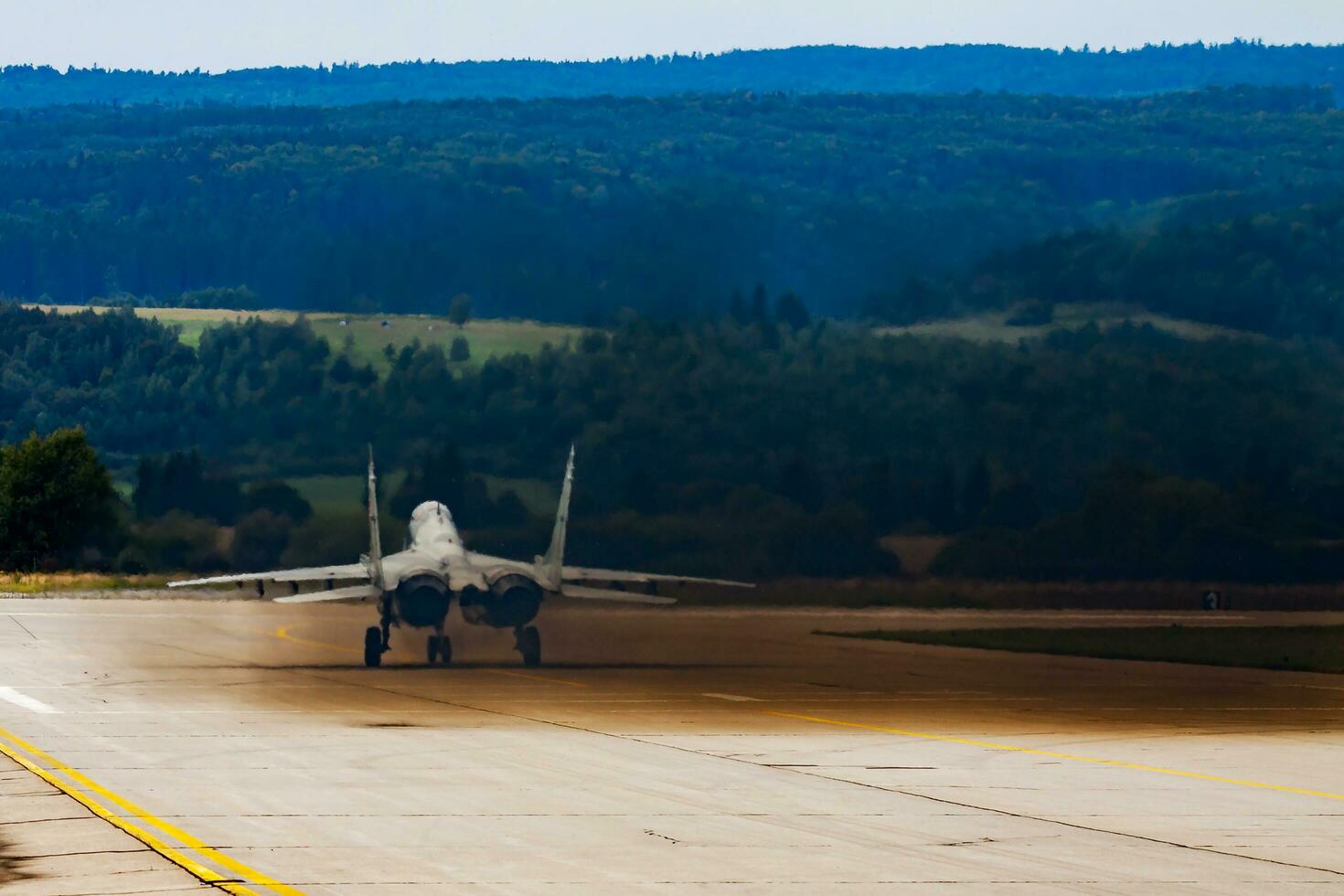 Military fighter jet plane at air base. Air force flight operation. Aviation and aircraft. Air defense. Military industry. Fly and flying. photo