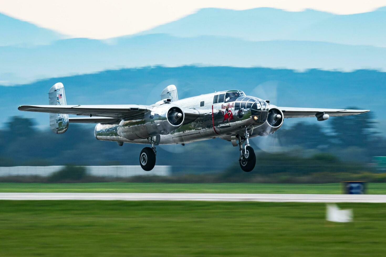 Old timer warbird at air base. Aviation and aircraft. Air defense. Military industry. Fly and flying. photo