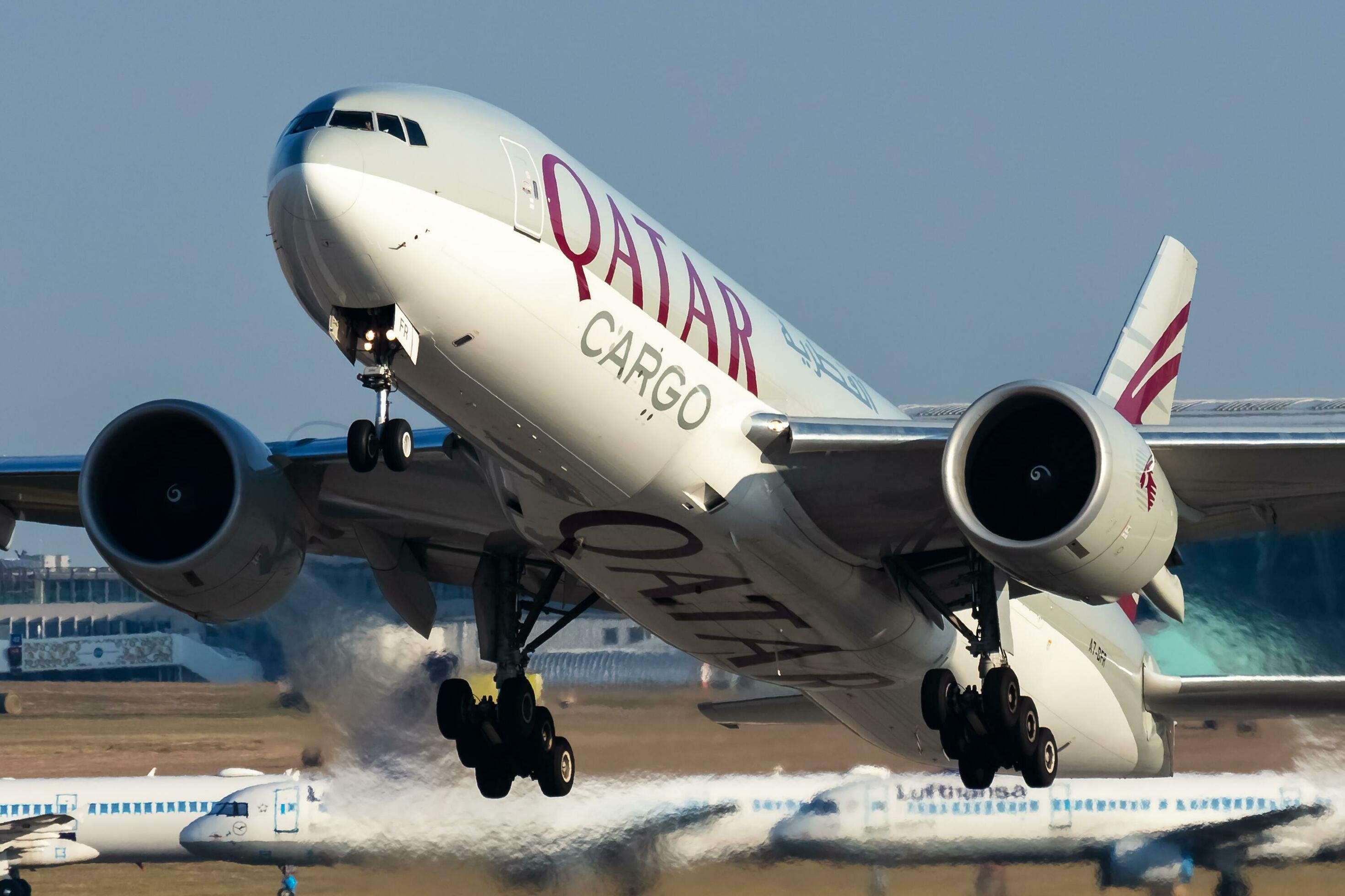 Qatar Airways Cargo Boeing 777-200 cargo plane at airport Qatar Airways Cargo Boeing 777-200 cargo plane at airport