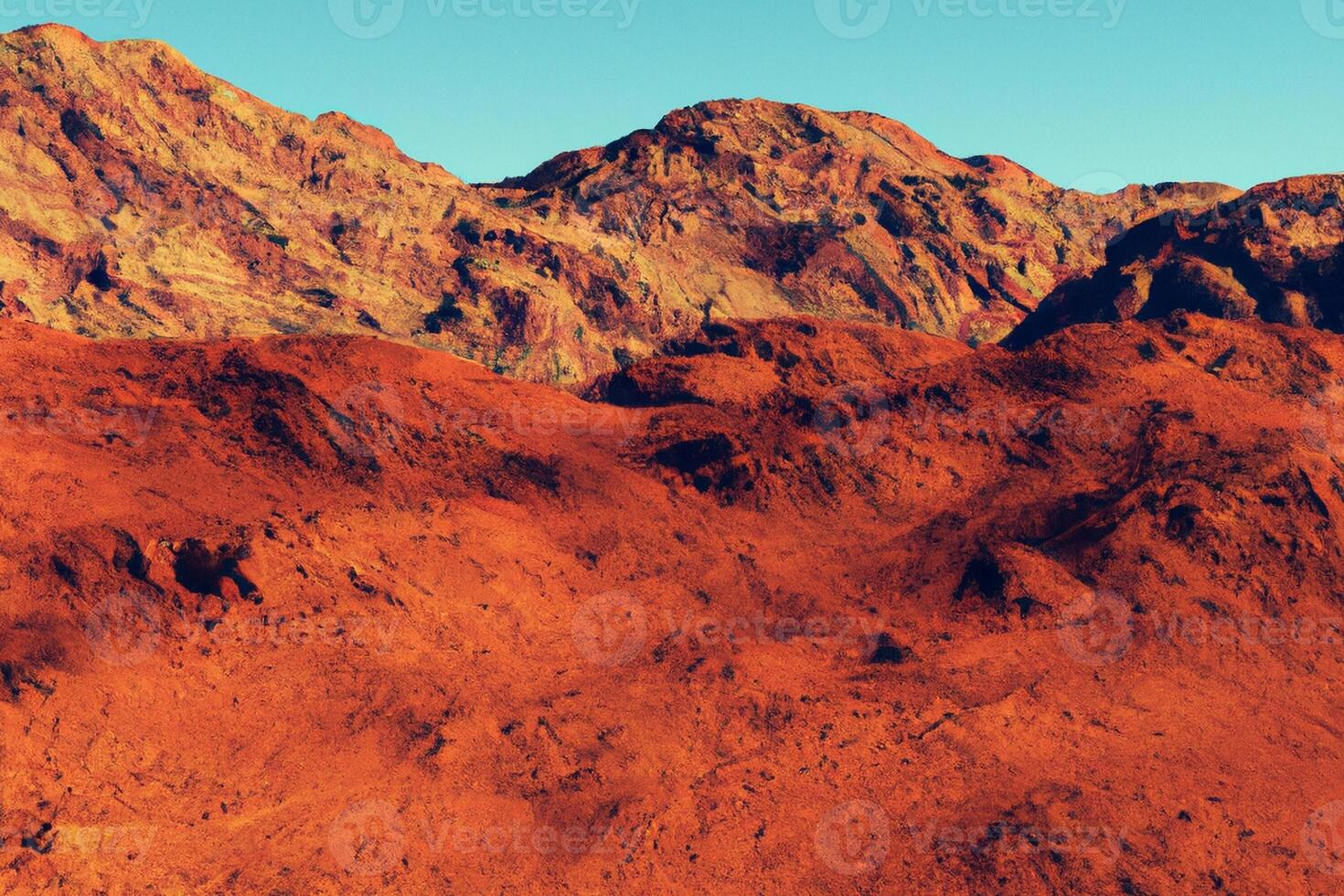 Fictional Mars landscape and terrain. Planet scenery. Sci-fi. Science-fiction. Graphic design and art. Wallpaper and background. photo
