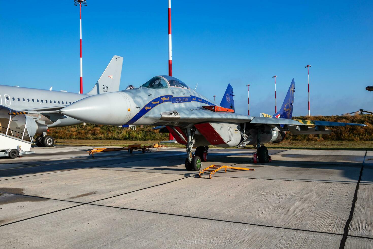 MiG-29 military fighter jet plane at air base. Air force flight operation. Aviation and aircraft. Air defense. Military industry. Fly and flying. photo